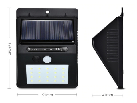 Lampa solarna z czujnikiem ruchu 20 LED ELEWACYJNA Lampa solarna z czujnikiem ruchu 20 LED ELEWACYJNA