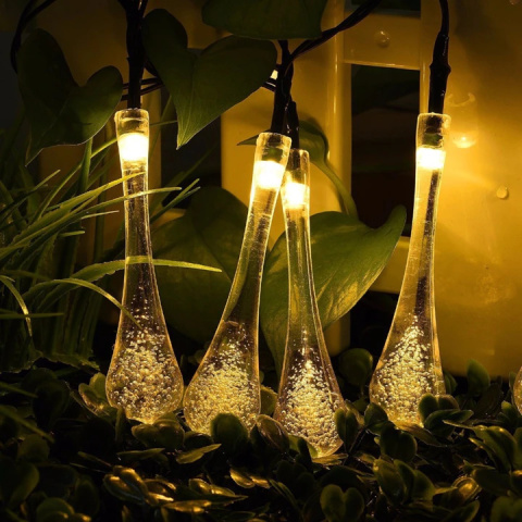 GIRLANDA solarna ogrodowa 20 LED Ciepła Biel KROPLE GIRLANDA solarna ogrodowa 20 LED Ciepła Biel KROPLE